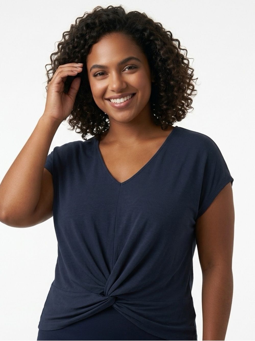 DOUBLE ZERO | Twist Front Short Sleeve Navy Blue Top V-Neck Women’s Size Medium